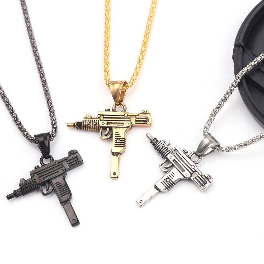 Men Accessories Pendant - จี้สร้อยคอรูปปืนอูซี่สไตล์พังก์ - เครื่องประดับฮิปฮอปแฟชั่นสำหรับผู้ชาย สร้างลุคเท่ห์และมีสไตล์