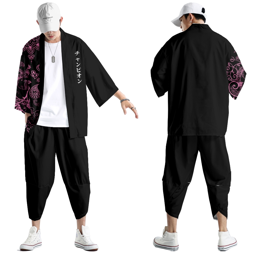 Men'S Kimono Accessories - 2 ชิ้นอะนิเมะดอกไม้สไตล์ญี่ปุ่นแฟชั่นกิโมโนและกางเกงชุดผู้ชายผู้หญิงเสื้อสเวตเตอร์ถักเสื้อเสื้อคลุมฮาโอริ Obi เสื้อผ้าเอเชีย