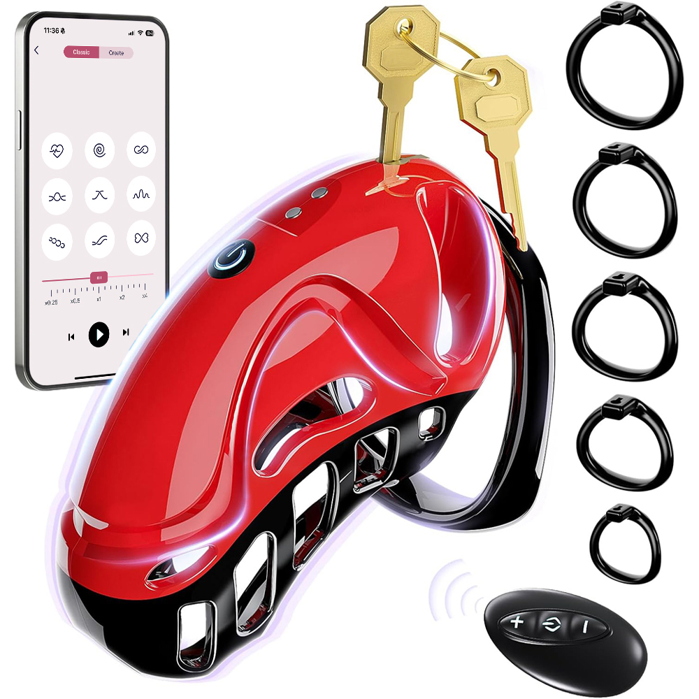 Men Accessories App - อุปกรณ์ควบคุมระยะไกลผ่านแอพพลิเคชั่นสำหรับเครื่องสั่นแบบสวมใส่สำหรับผู้ชาย อุปกรณ์รัดอวัยวะเพศชายพร้อมห่วง 5 วง กุญแจ 2