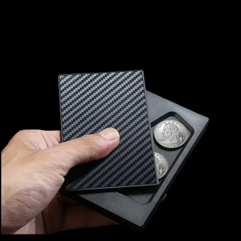 Coin Holder Men - กระเป๋าใส่บัตรเครดิตกระปุกออมสินผู้ชายที่ใส่การ์ดคาร์บอนไฟเบอร์ป็อปอัตโนมัติป้องกัน RFID กระเป๋าเงินใส่บัตรอลูมิเนียมโลหะบางกล่อง