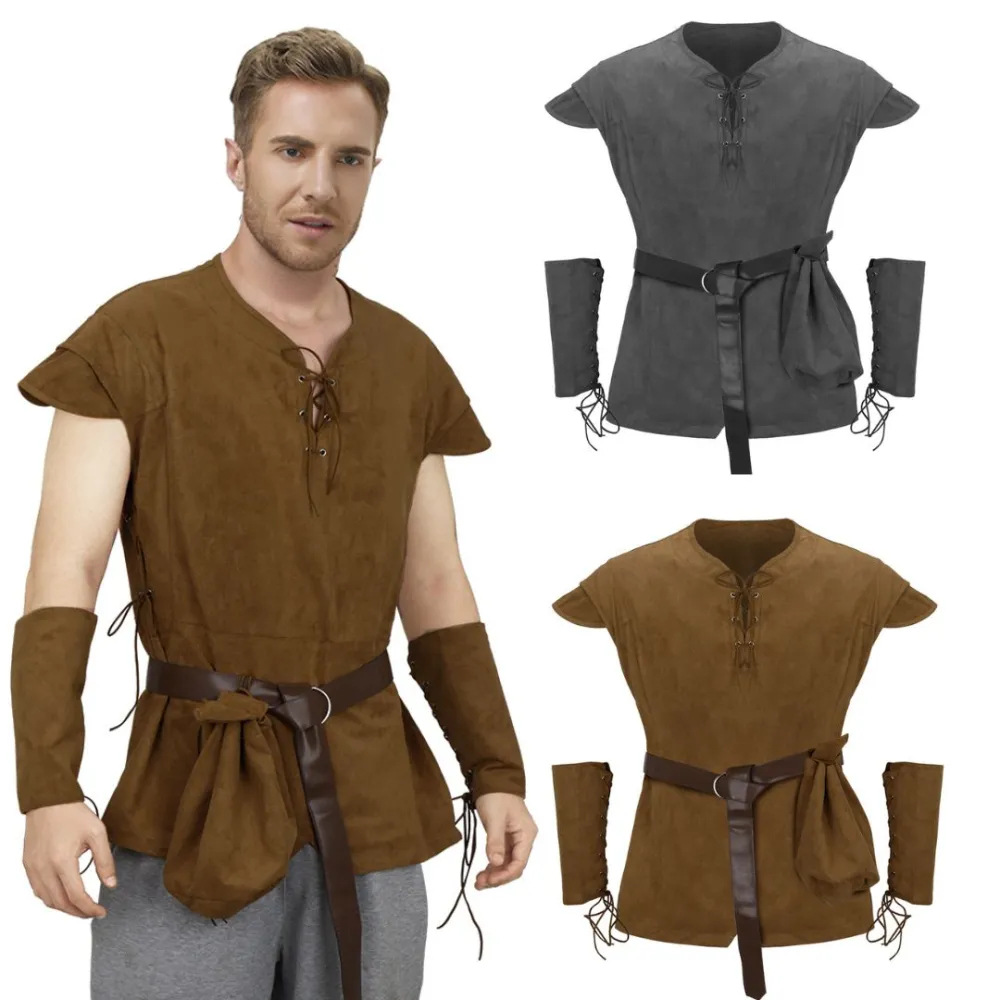Men'S Viking Accessories - เสื้อคลุมผู้ชายสไตล์ยุคกลางแบบผูกเชือก แนวเรเนซองส์ ไวกิ้ง โจรสลัด แขนยาว ทรงเรโทร